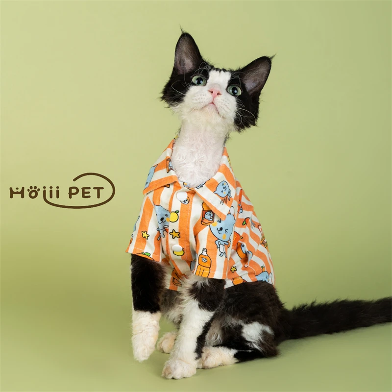 HOiii PET デボンレックス用 オレンジジュース柄Tシャツ：猫用スリープウェアの実用性とデザイン特性