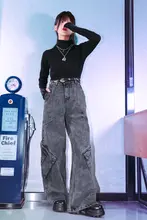 ヴィンテージ風ワイドレッグデニムパンツ【ハイウエスト・ユニークポケット・カジュアル用】