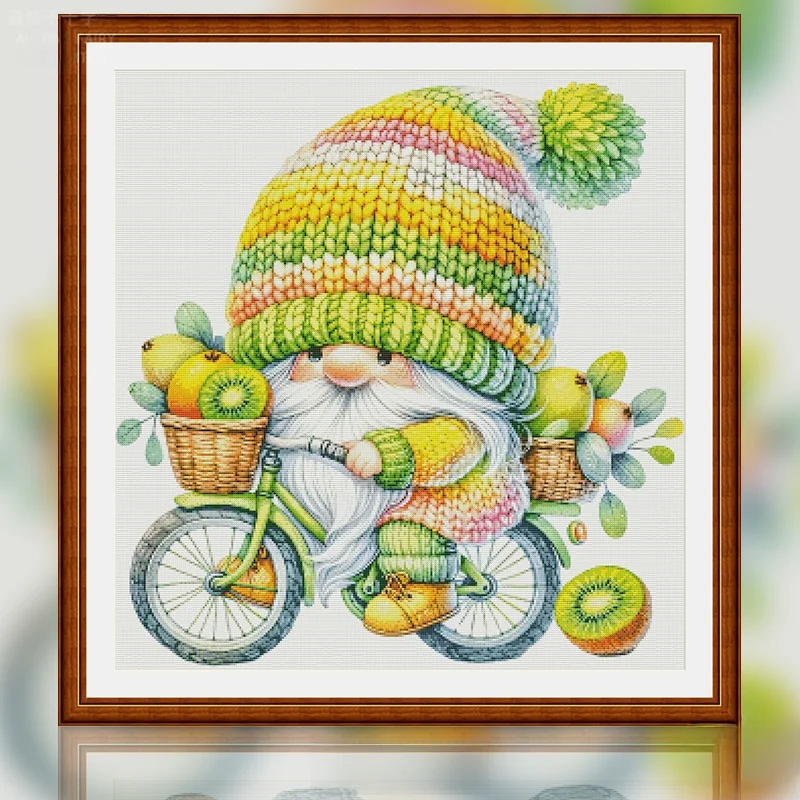 桃の小人 自転車に乗った刺繍アート：無料ダウンロード可能な中国風クロスステッチパターン