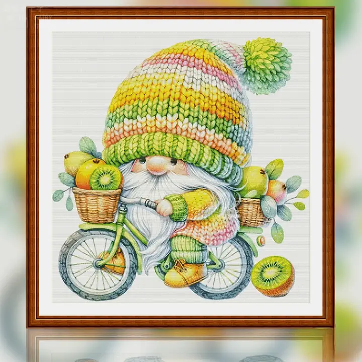 桃の小人 自転車に乗った刺繍アート【中国風・クロスステッチ】