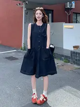 デニム風ノースリーブオールインワン【夏用・フィット・ハイウエスト・背中ストラップ】（セットアップ対応）
