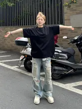 スタイリッシュなハイウエストダメージデニムパンツ【ワイドレッグ・スリム効果・女性用】