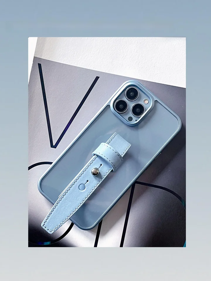 スマホケース クリア TPU ソフト 本革ストラップ 全包囲 シエラブルー パールブルー iPhone 14 Pro Max 13 対応