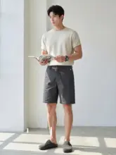 夏用 メンズ 透湿性のあるカジュアルパンツ【五分丈・半松緊ウエスト・ストレートシルエット】