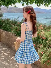 フラワープリントレース切替キャミソールミニドレス【爽やかなブルー・夏用・チェック柄】（セットアップ対応）