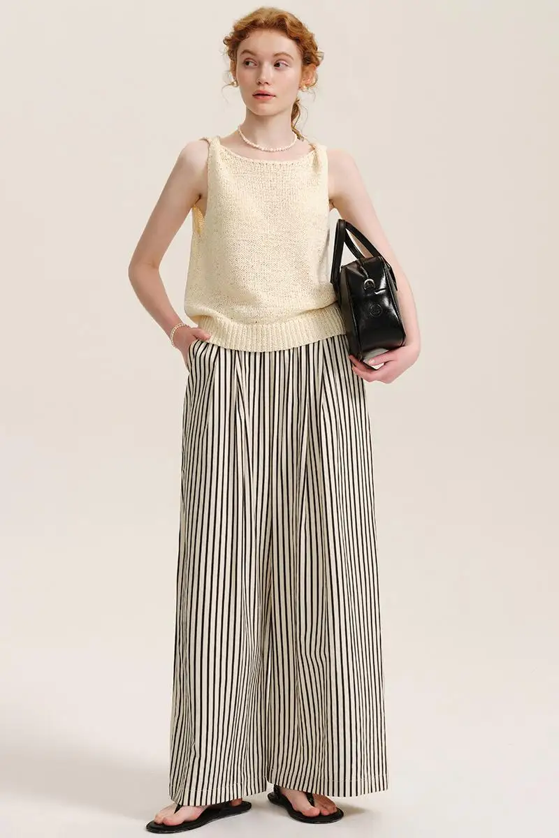 DESIGNER PLUS レトロストライプ ルーズフィットハイウエストワイドパンツ【軽量・スタイル】