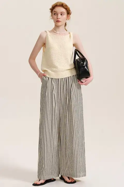DESIGNER PLUS レトロストライプ ルーズフィットハイウエストワイドパンツ【軽量・スタイル】
