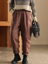 ロングパンツ レディース リネン 砂洗い加工 中綿入り 厚手 バギーパンツ ゴムウエスト ルーズ ヴィンテージ 冬 あったか