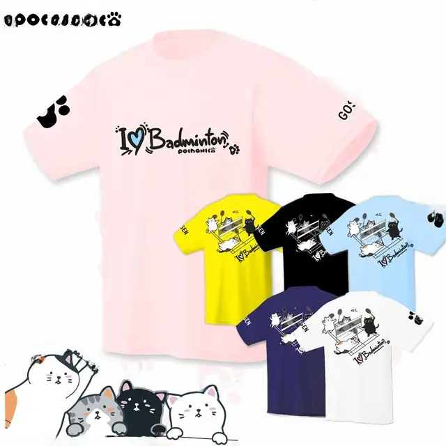 日本猫デザインの短袖速乾バドミントンシャツ