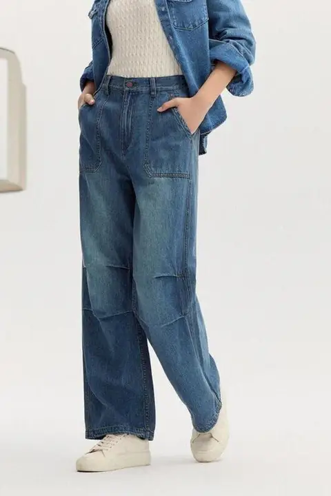 レディース コットン製 ワイドレッグデニムパンツ【カジュアルスタイル・秋用・長ズボン】（セットアップ対応）