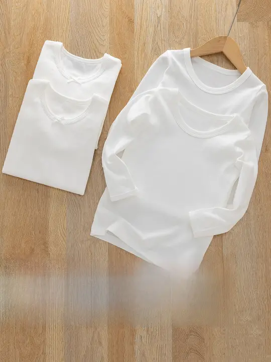 春用 子供用白色コットン長袖Tシャツ【男女兼用・ルームウェア・インナー】（セットアップ対応）