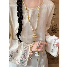 宋锦製の葫芦デザインパールネックレス【新中式・長めのニットチェーン・旗袍アクセサリー】