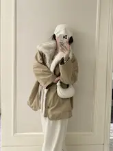 カーキ色デザインの工装中綿コート【冬用・エコファー付き・ミドル丈】