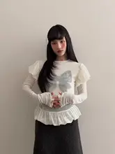 フリル付きメッシュデザインの長袖Tシャツ【リボンプリント・春用】（セットアップ対応）