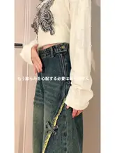 ゆったりしたアメリカンヴィンテージサイドジップフリンジストレートデニ  ムパンツ【バタフライパッチ・夏用・女性用】