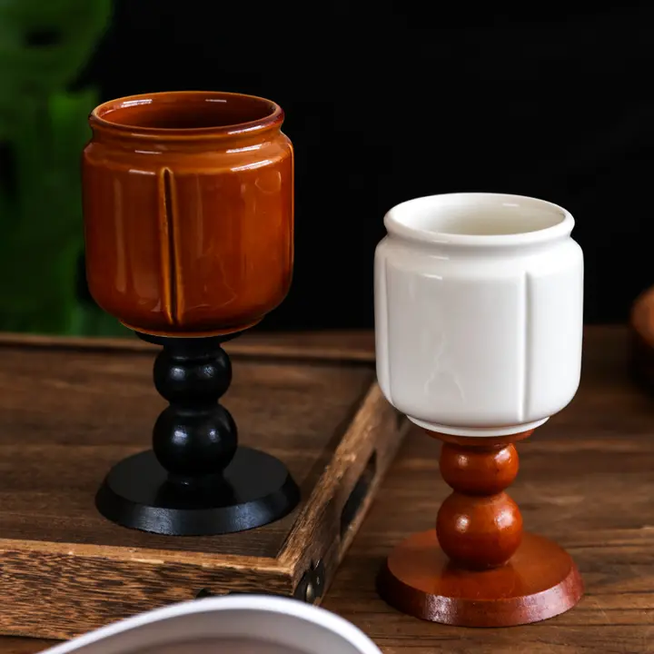 ヴィンテージ風木製高脚収納容器【香りキャンドル用・デスク装飾・フォークやスプーンの収納】