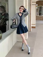 デニムパッチワークトップとプリーツショートスカートのコーディネート（セットアップ対応）