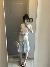 フランス風ヴィンテージスタイルのパープルフラワープリントスカート【女性用・夏用・中長丈・スウィートデザイン】（セットアップ対応）