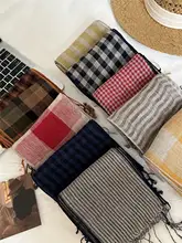 レトロチェックストライプの麻製フリンジスカーフ【通勤向け・防晒効果・女性用】