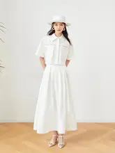 ローマの休日風 夏用 白色のボタン付きレーストップスとシフォンスカート【伞裙・セットアップ対応】