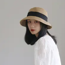 可愛らしいリボン付きのラウンドトップ草帽【折りたたみ可能・ハクト風・おしゃれな編みデザイン】