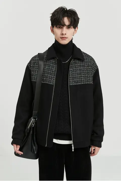千鳥格子デザインの毛羽付外套【メンズ・ショート丈・秋冬用・厚手】（セットアップ対応）
