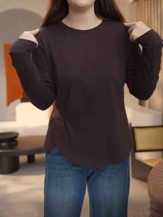 大きいサイズ レディース不規則デザイン コットン長袖Tシャツ【ウエストマーク・スリム効果】（セットアップ対応）