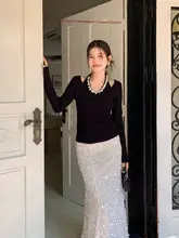 輝くビーズのハイネックニットセーター【優雅なツイストデザイン・フランス風・女性用】（セットアップ対応）
