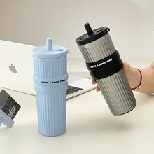 大容量シンプル無地の高品質女性用コーヒー保冷保温カップ【持ち運び便利・ストロー付き】