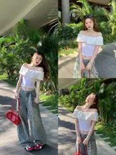 高級感のあるバタフライカットデニムパンツ【女性用・ハイウエスト・ワイドレッグ・スタイル】