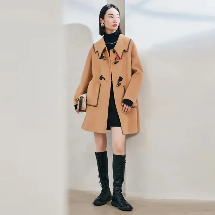 彩羊毛とウサギ毛、絹を使用したダブルフェイスコート【デザイン性のある縁取り】