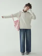 北島AMUU オリジナル シンプルブルー 半開きカラーの長袖ニットセーター【秋冬用・ゆったりフィット】