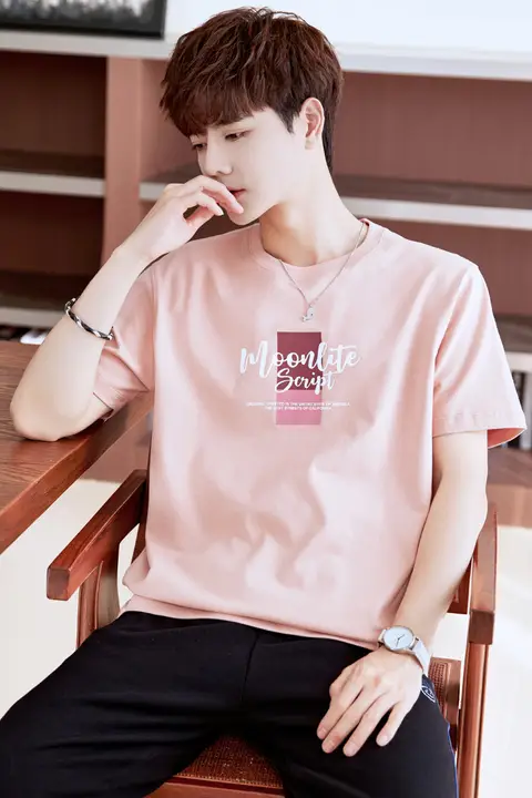 夏用 メンズ コットン半袖Tシャツ【藕粉色・カジュアルデザイン】