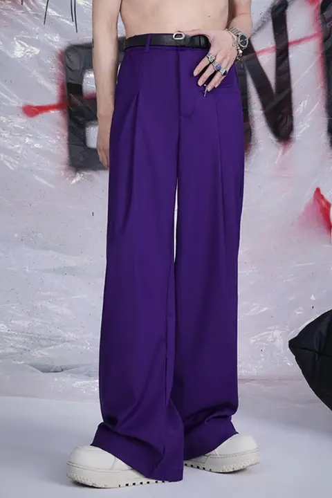 紫色のメンズワイドパンツ【ダブルプリーツ・ファスナー付き・フィット・春用】
