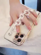 iPhone14用 ラグジュアリー手帳型ケース【全包デザイン・クリスタルブレスレット付き・透明】