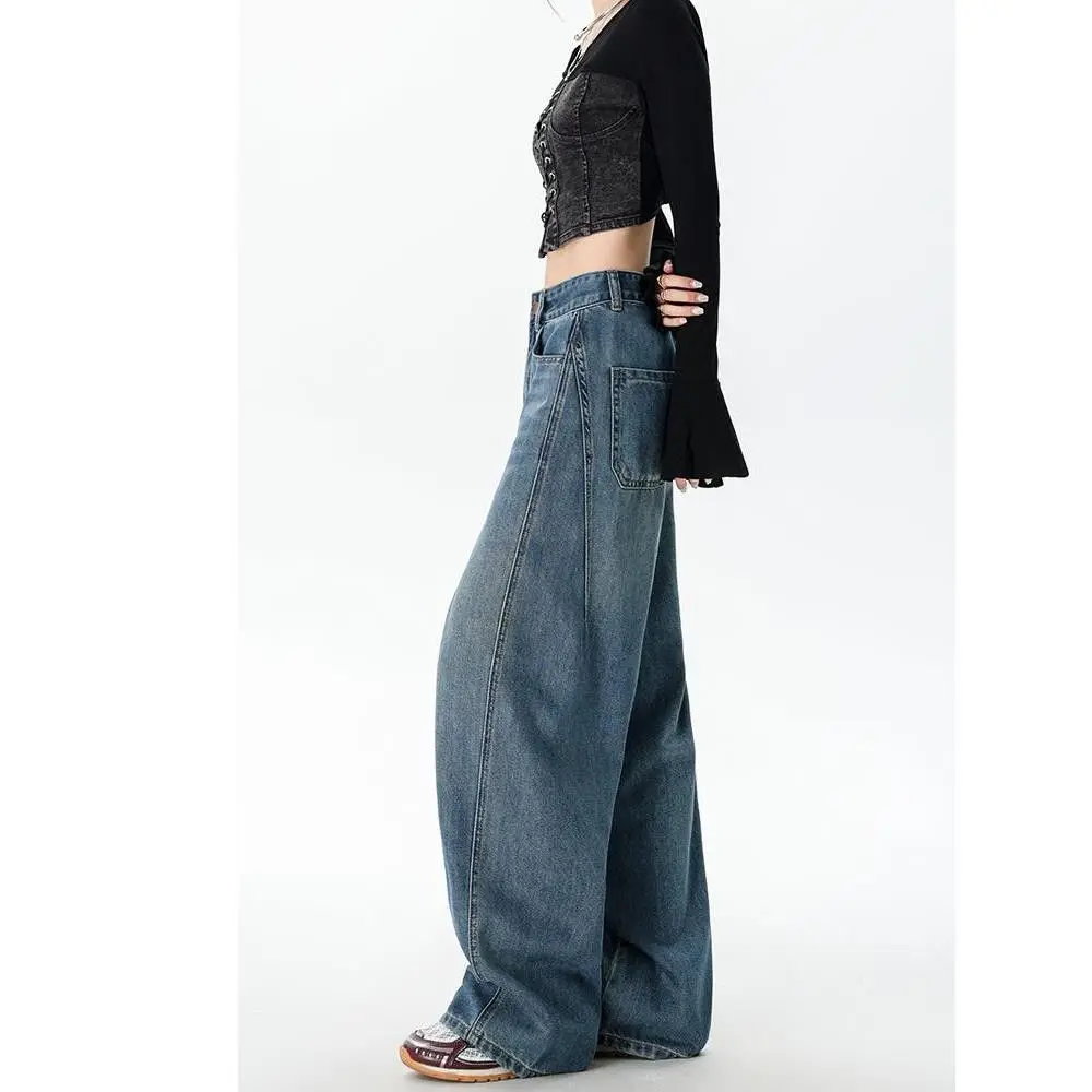 アメリカンレトロ風 ワイドレッグ デニムパンツ【ハイウエスト・スリム効果・秋用】（セットアップ対応）