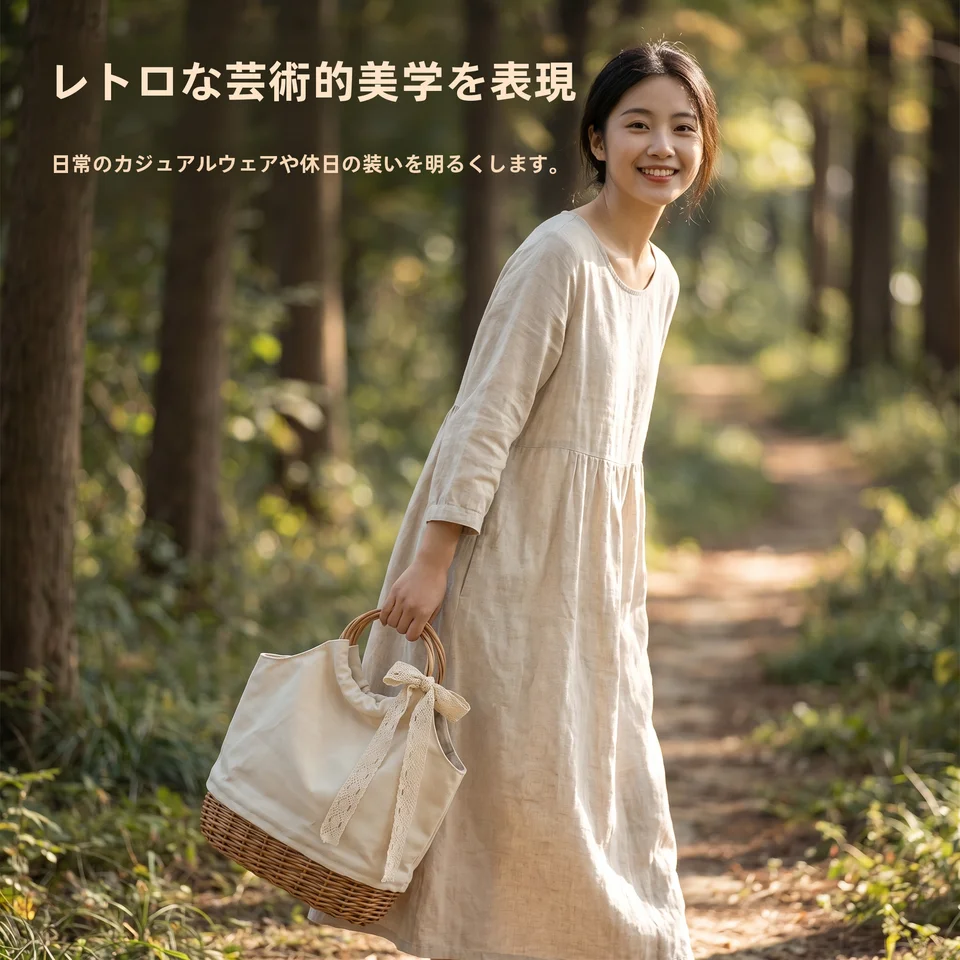 レトロなピクニックバスケット【手編み・シンプルなデザイン・リゾート用】