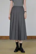 上品なグレーのハイウエストAラインミディスカート【プリーツデザイン・シンプルスタイル】