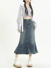 レトロな高腰デニムスカート【前ポケット・フリンジデザイン・過去のような風合い】（セットアップ対応）