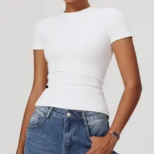 フィットネス用タイトフィット半袖Tシャツ【夏用・ヨガ・ランニング対応・ラウンドネック】