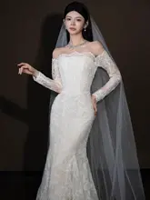 一字肩長袖軽婚式ドレス【レトロなフランス風・レース・フィッシュテール・ウェディング】