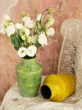 フランス風 陶器製花瓶【ヴィンテージ・緑色・油絵デザイン・ドライフラワー・生花対応】
