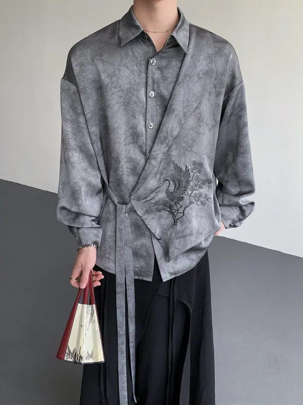 中華風デザイン 鶴刺繍のシルクシャツ：長袖ルーズフィットで夏の涼感を実現