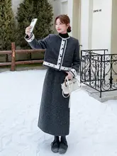 2点セット レディース ダウン ツイード風 フリル スカート グレー 厚手 きれいめ 上品 冬