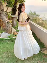 新中式国風イエロー短袖トップスとロングスカート【夏用・華やかなデザイン・着こなしに高級感】（セットアップ対応）