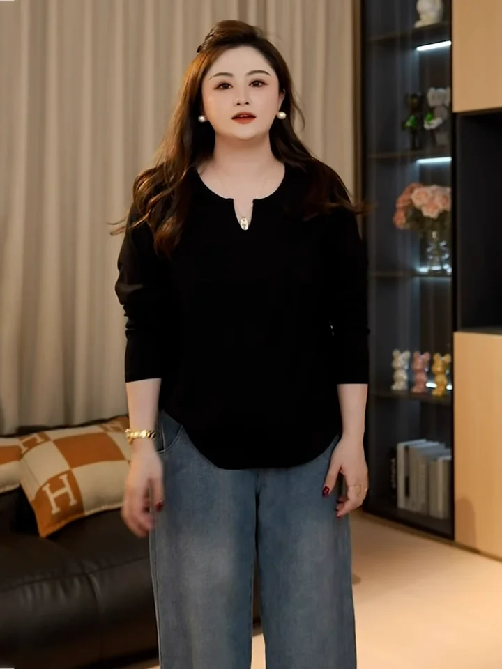 大きいサイズ 不規則デザイン アーチ形長袖Tシャツ【秋冬用・ゆったり・体型カバー】