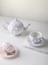 浮彫りデザインの陶器ティーポットセット【欧風・アフタヌーンティー・コーヒーカップと皿付き】