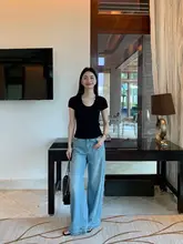 ブルーのワイドレッグデニムパンツ【ハイウエスト・フリンジ仕上げ・ストレート】