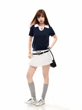 ポロ襟の配色半袖Tシャツ【女性用・ウエストシェイプ・夏用】