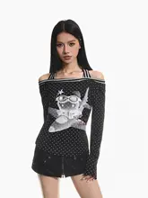 レトロプリントドット柄 オフショルダー長袖Tシャツ【春用・スリムフィット】